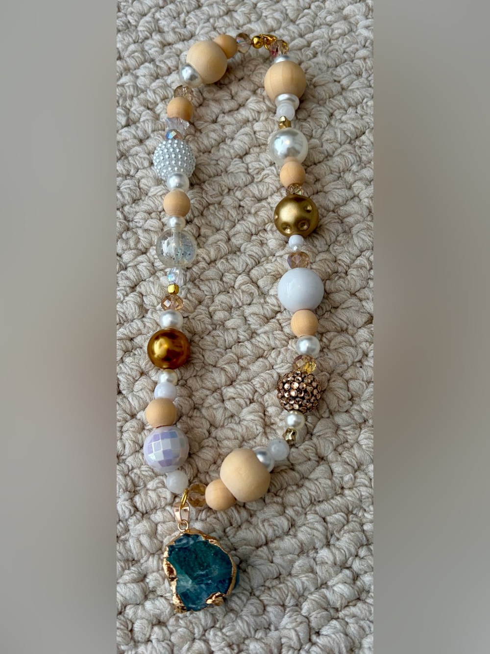 Handmade White, Gold & Natural Beaded Necklace with Teal Druzy Pendant